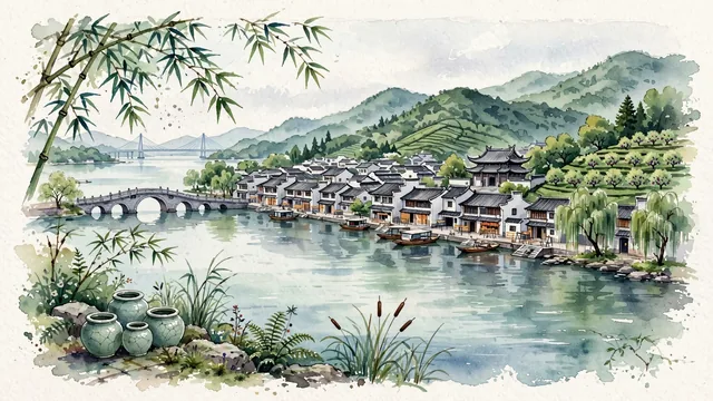 Watercolour of Cixi, China. On Hangzhou Bay, the ancient cradle of Yue Celadon pottery and Ming coastal garrison history, with Shanglin Lake and Minghe Ancient Town.