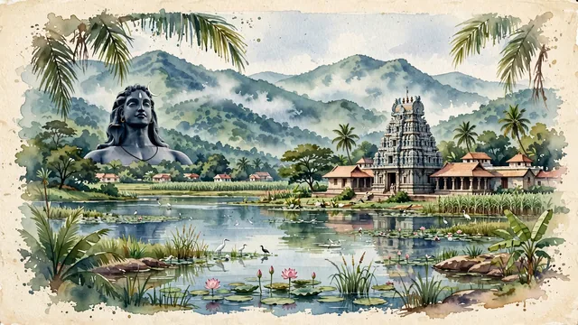 Watercolour of Coimbatore, India. The "Manchester of South India" nestled at the foot of the Western Ghats along the Noyyal River, with Perur Pateeswarar Temple and Adiyogi Shiva.