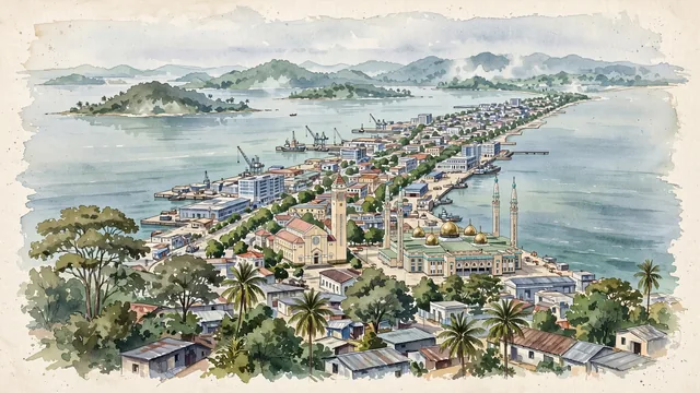 Watercolour of Conakry, Guinea. A long, narrow city stretched along a peninsula into the Atlantic, with the old administrative district of Kaloum at its tip, the sea on both sides. Featuring Grand Mosque of Conakry and Cathedral of Sainte-Marie.