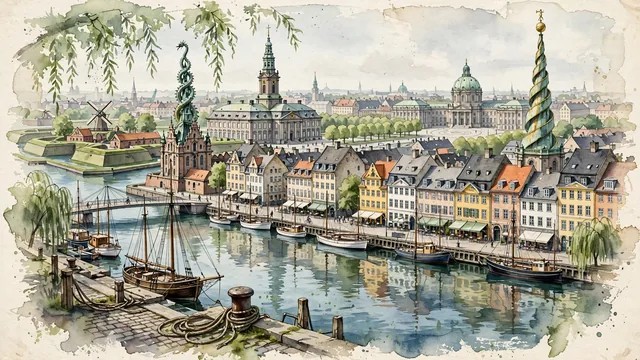 Watercolour of Copenhagen, Denmark. Along its harbor canals and historic spires, with Nyhavn and Church of Our Saviour.
