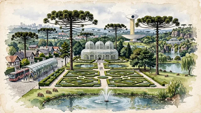 Watercolour of Curitiba, Brazil. The ecological and urban planning capital of Brazil on the First Paraná Plateau, with Botanical Garden of Curitiba and Araucaria.