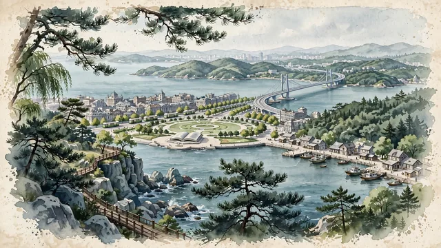Watercolour of Dalian, China. On the southern tip of the Liaodong Peninsula, the "City of Romance" along the Bohai Sea and Yellow Sea, with Xinghai Square and Xinghai Bay Cross-Sea Bridge.