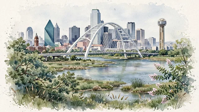 Watercolour of Dallas, United States. Along the Trinity River basin and the Margaret Hunt Hill Bridge, with Margaret Hunt Hill Bridge and Reunion Tower.