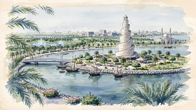 Watercolour of Dammam, Saudi Arabia. Along the Persian Gulf, the capital of the oil-rich Eastern Province and Murjan Island, with Murjan Island and Dammam Corniche.