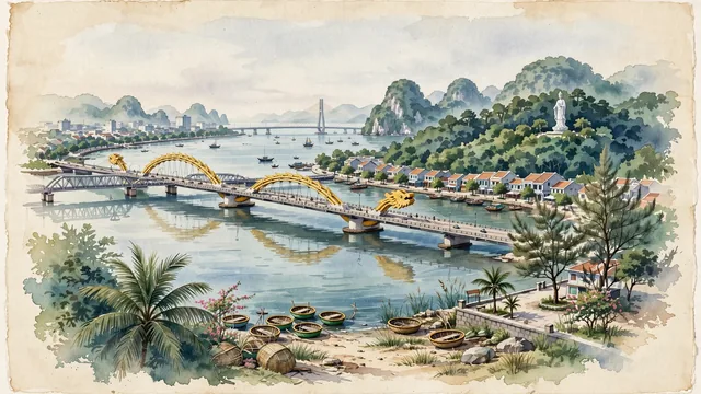 Watercolour of Da Nang, Vietnam. Along the Han River and Da Nang Bay flanked by the Marble Mountains and Son Tra Peninsula, with Dragon Bridge and Goddess of Mercy.