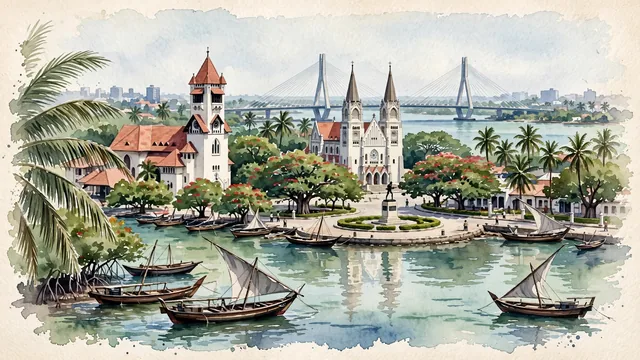 Watercolour of Dar es Salaam, Tanzania. The "Haven of Peace" along the Indian Ocean and Kivukoni Front, with Azania Front Lutheran Church and St. Joseph's Metropolitan Cathedral.
