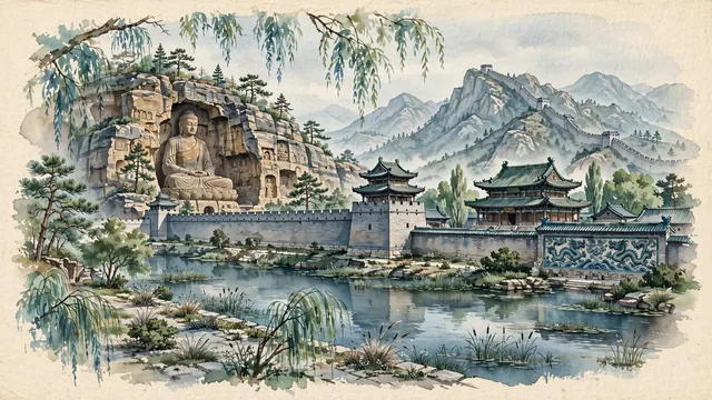 Watercolour of Datong, China. The historic Northern Wei imperial capital nestled between the Yanmenguan Pass and the Great Wall, with Yungang Grottoes and Ming Dynasty Datong Ancient City Wall.
