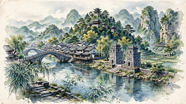 Watercolour of Dazhou, China. In the eastern Sichuan Basin along the Zhouhe River, the ancient "Ba Kingdom Gateway" nestled in the Daba Mountains, with Zhouhe River and Phoenix Mountain Park.