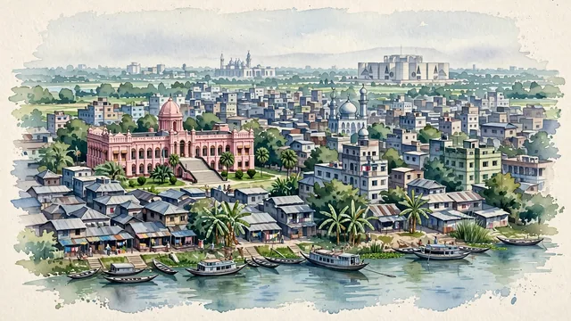 Watercolour of Dhaka, Bangladesh. Broad, humid view of the dense riverine metropolis, with the Buriganga or another waterway subtly present and greenery threaded through compact neighborhoods. Featuring National Parliament.