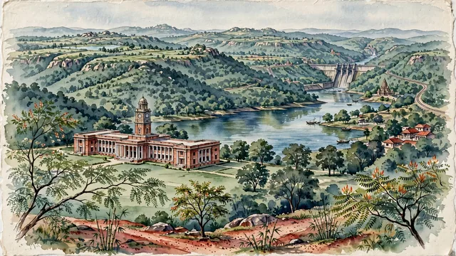 Watercolour of Dhanbad, India. On the Chota Nagpur Plateau along the Damodar River basin, the "Coal Capital of India" home to the historic Indian Institute of Technology (Indian School of Mines), with Heritage Main Building of the Indian School of Mines and Topchanchi Lake.