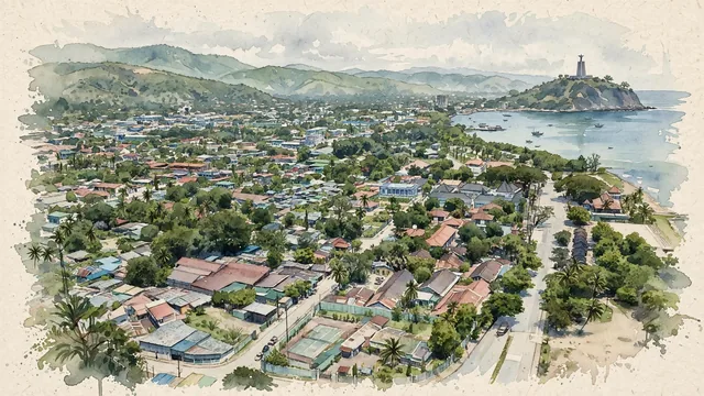 Watercolour of Dili, Timor-Leste. Broad coastal view between the Timor Sea and the rugged dry-green hills behind the city, with Portuguese- and Indonesian-influenced.