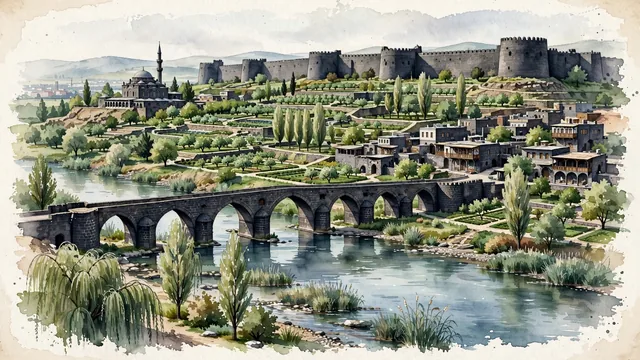 Watercolour of Diyarbakır, Turkey. Along the Tigris River, the ancient city of colossal black basalt walls and Hevsel Gardens, with Diyarbakır Fortress Walls and Ongözlü Bridge.