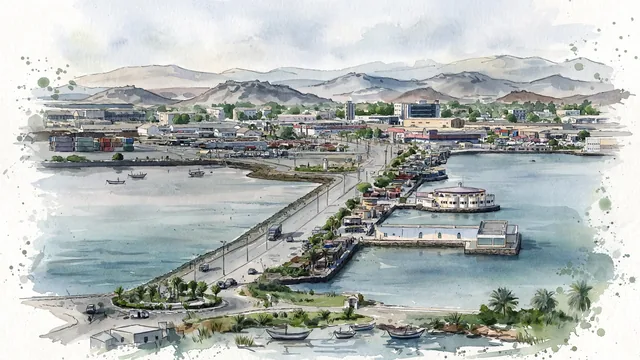 Watercolour of Djibouti City, Djibouti. Broad, natural view of the low-rise port city beside the Gulf of Tadjoura, set against its dry volcanic surroundings, with French- and Arab-influenced.