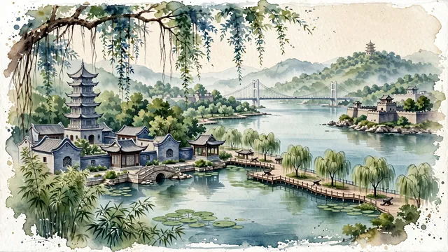 Watercolour of Dongguan, China. In the Pearl River Delta along the Dongjiang River, home to the ancient Keyuan Garden and Humen naval fortifications, with Keyuan Garden and Songshan Lake.