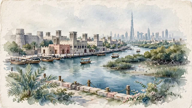 Watercolour of Dubai, United Arab Emirates. Along Dubai Creek (Khor Dubai) and the historic Al Fahidi district looking toward the modern skyline, with Fahidi Historical Neighbourhood and Dubai Creek.