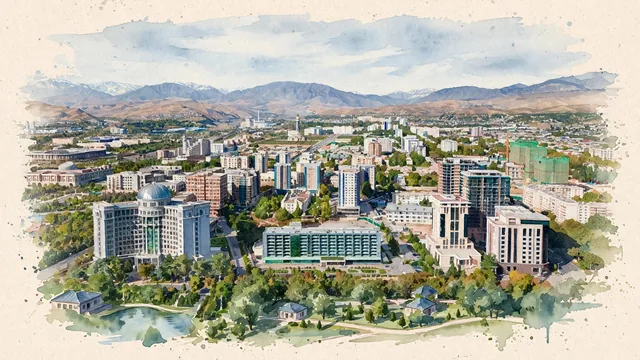 Watercolour of Dushanbe, Tajikistan. Broad view of the leafy planned capital in its wide valley, with the Hissar foothills beyond. Featuring Rudaki Avenue.