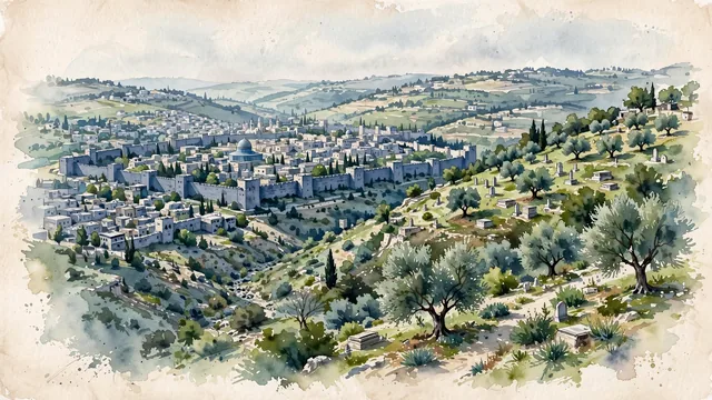 Watercolour of East Jerusalem, Palestine. Broad, geographically grounded view across East Jerusalem’s hills and valleys, with the Old City and Mount of Olives relationship legible. Featuring Mount of Olives.