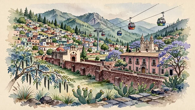 Watercolour of Ecatepec de Morelos, Mexico. Ecatepec situated at the foot of the Sierra de Guadalupe overlooking the Valley of Mexico, with Albarradón de San Cristóbal and Casa de Morelos.