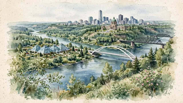 Watercolour of Edmonton, Canada. Along the North Saskatchewan River valley and the Muttart Conservatory pyramids, with Muttart Conservatory and High Level Bridge.