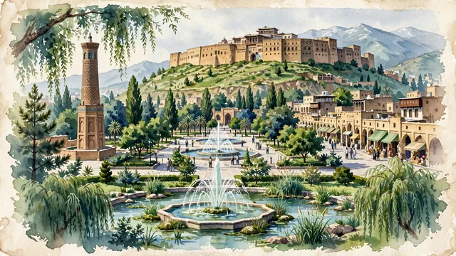 Watercolour of Erbil, Iraq. Centered on its ancient UNESCO World Heritage Citadel mound and the Grand Bazaar, with UNESCO World Heritage Erbil Citadel and Shar Garden Square.
