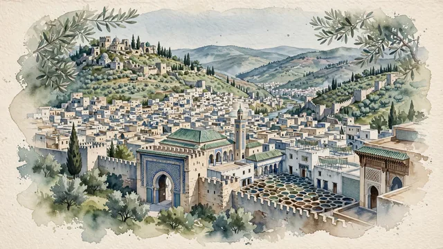 Watercolour of Fes, Morocco. Centered on the ancient medina of Fes el-Bali nestled in the valley of the Oued Fes, with Bab Bou Jeloud and Al-Qarawiyyin Mosque and University.