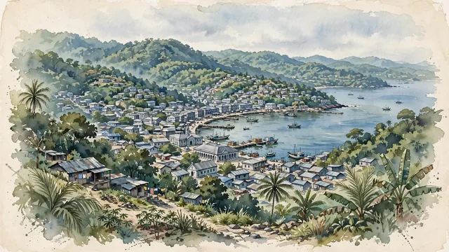 Watercolour of Freetown, Sierra Leone. Broad, natural view of the coastal capital wrapped between the Atlantic bay and the forested Sierra Leone Peninsula hills.