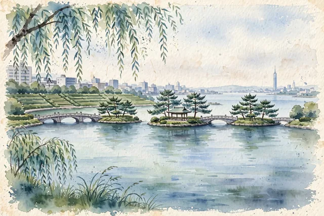 Watercolour of Fukuoka, Japan. Along the Naka River, Hakata Bay, and Ohori Park, with Ohori Park and Naka River.