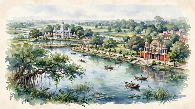 Watercolour of Gorakhpur, India. Along the Rapti River, home to the sacred Gorakhnath Temple, Ramgarh Taal lake, and the historic Gita Press, with Gorakhnath Temple and Ramgarh Taal.