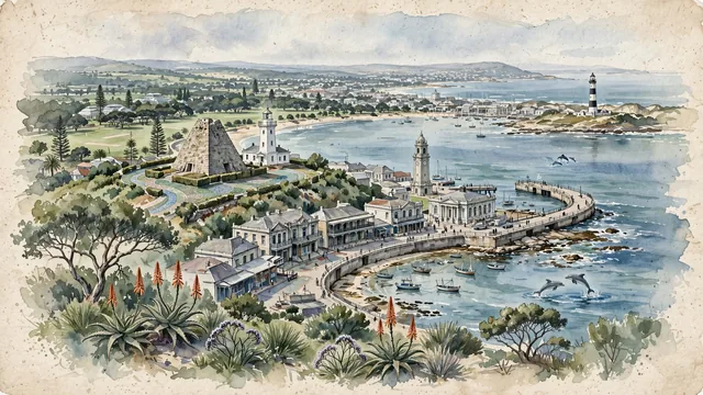 Watercolour of Gqeberha, South Africa. Along the sweeping waters of Algoa Bay centered around the historic Donkin Reserve and Shark Rock Pier, with Sir Rufane Donkin and Shark Rock Pier.