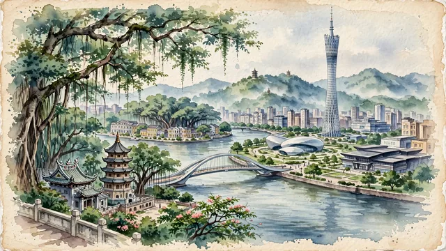 Watercolour of Guangzhou, China. Along the Pearl River (Zhujiang) featuring the Canton Tower, Haixinsha Island, and Shamian Island, with Canton Tower and Haixin Bridge.