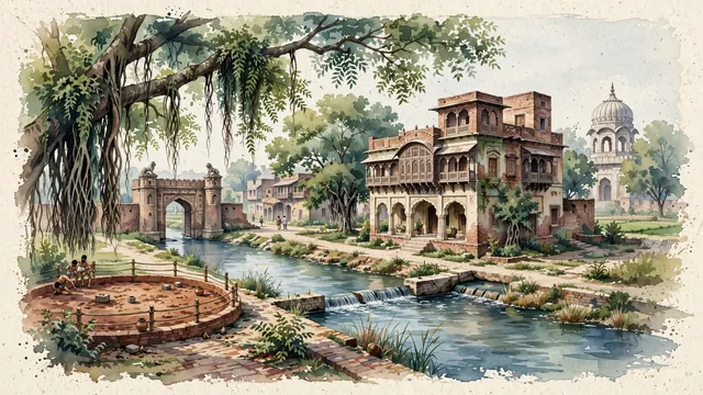 Watercolour of Gujranwala, Pakistan. The historic birthplace of Maharaja Ranjit Singh and "City of Wrestlers" (Phelwans) along the Grand Trunk Road and Upper Chenab Canal, with Haveli of Maharaja Ranjit Singh and Samadhi of Mahan Singh and Sardar Charat Singh.