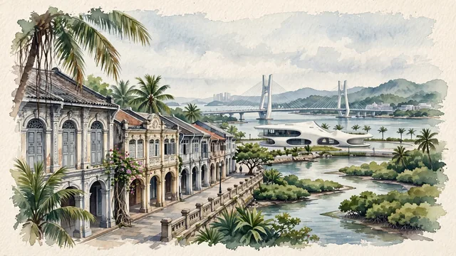Watercolour of Haikou, China. The "Coconut City" on the northern coast of Hainan Island along the Nandu River and Qiongzhou Strait, featuring Qilou Arcade Street and the Cloudscape of Haikou, with Qilou Arcade Old Street and Cloudscape of Haikou.