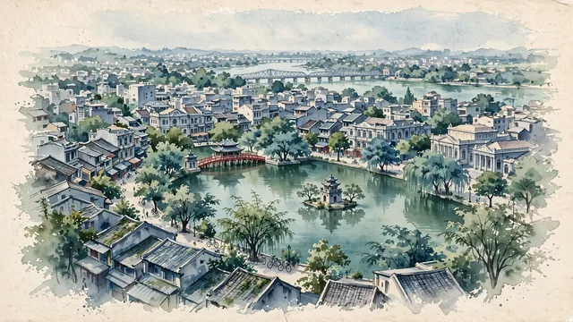 Watercolour of Hanoi, Vietnam. Broad, humid view of the layered capital with lakes. Featuring Hoan Kiem Lake.