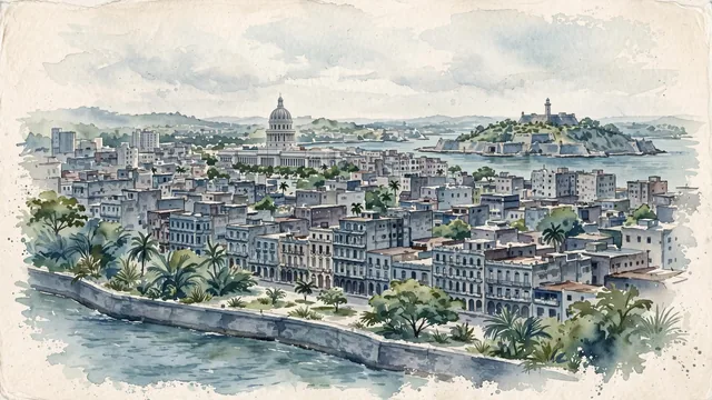 Watercolour of Havana, Cuba. Broad coastal view of the real city along the Malecón and harbor, with dense historic fabric inland. Featuring Old Havana’s.