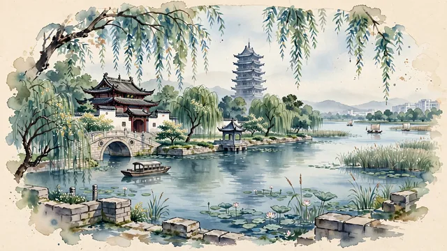 Watercolour of Hefei, China. Along the Nanfei River, Chaohu Lake, and the historic Lord Bao Park, with Bao Gong Memorial Temple and Baohe.