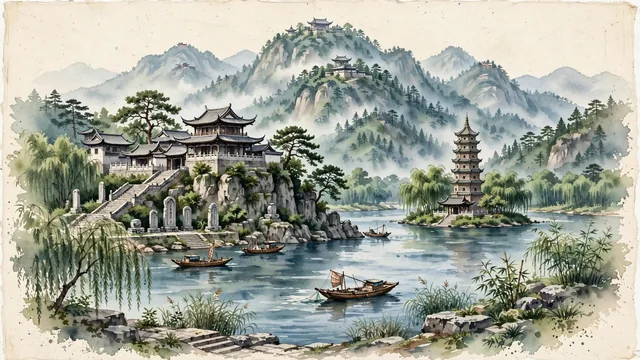 Watercolour of Hengyang, China. The "Wild Goose City" (Yan Cheng) along the Xiang River backed by Mount Heng (Nanyue Hengshan), with Shigu Academy and Huiyan Peak.