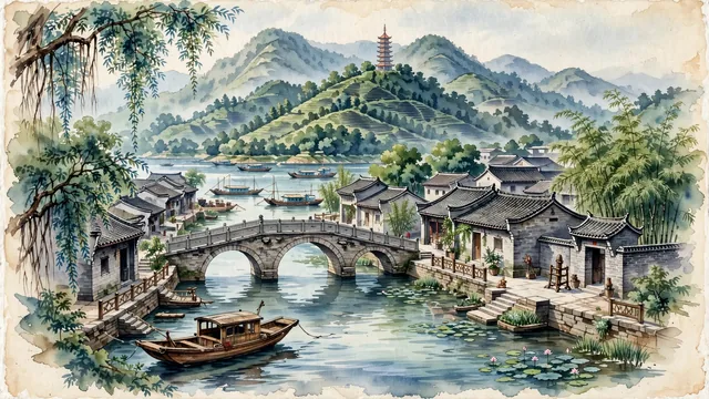 Watercolour of Heshan, China. The "Crane Mountain" and cradle of Wing Chun master Leung Jan along the Xijiang River in the western Pearl River Delta, with Seven-Star Crane Pagoda and Gulao Water Village.