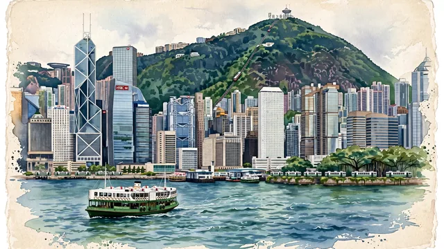 Watercolour of Hong Kong Island, Hong Kong. Real geography and architectural character of Hong Kong Island, Hong Kong as accurately and recognizably as possible, with Bank of China Tower and HSBC Main Building.