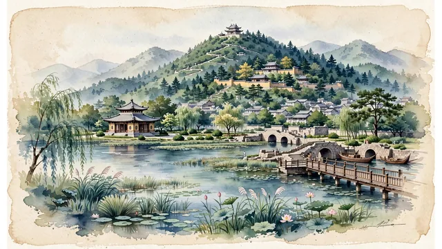 Watercolour of Huaibei, China. On the Huaibei Plain backed by Mount Xiangshan, centered around Xiangshan Park and the ancient Sui-Tang Grand Canal Liuqi Wharf, with Xiangshan Park and Jin Dynasty Xiangshan Temple.