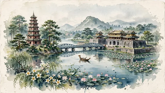 Watercolour of Huế, Vietnam. Along the Perfume River (Sông Hương), centered around the UNESCO World Heritage Imperial City (Kinh thành Huế) and the iconic Thiên Mụ Pagoda, with Meridian Gate and Thiên Mụ Pagoda.