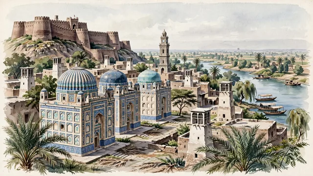 Watercolour of Hyderabad, Pakistan. Along the Indus River, the historic Kalhora and Talpur capital of Sindh centered around Pacco Qillo (Pakka Qila), the Tombs of the Talpur Mirs, and traditional wind-catchers (mangh), with Pacco Qillo and Kalhora and Talpur.