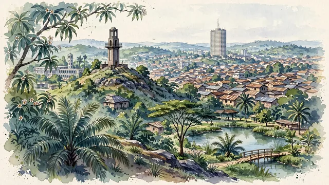 Watercolour of Ibadan, Nigeria. The historic Yoruba hill metropolis and ancient city of brown rusty roofs, centered around Bower's Tower atop Oke-Are and Cocoa House, with Bower's Tower and Ibadan's.