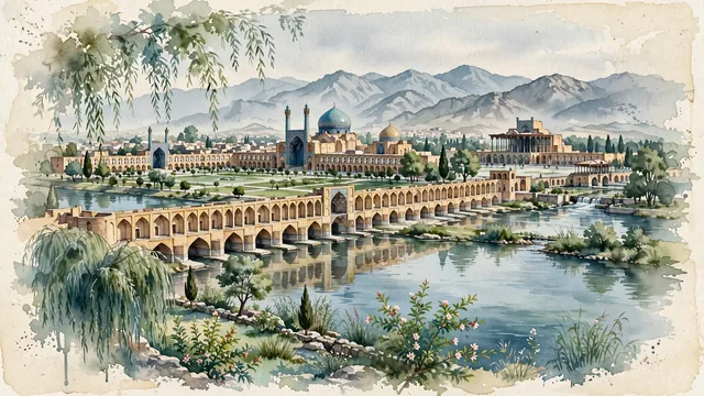 Watercolour of Isfahan, Iran. Along the Zayandeh River and Naqsh-e Jahan Square, the historic Safavid capital ("Half the World" / Nesf-e Jahan), featuring the iconic Si-o-se-pol and Khaju bridges and the turquoise dome of the Shah Mosque, with Si-o-se-pol and Khaju Bridge.