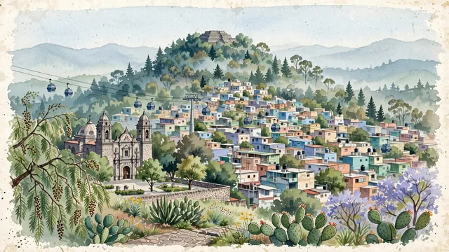 Watercolour of Iztapalapa, Mexico. Centered on Cerro de la Estrella (Huizachtepetl) and its ancient pyramid, the colorful Cablebús aerial cable cars, and the historic sanctuary of El Señor de la Cuevita, with Cerro de la Estrella National Park and Cablebús Line.