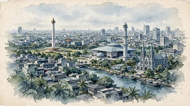 Watercolour of Jakarta, Indonesia. Broad, flat, humid view of the dense coastal metropolis, balancing its historic and modern layers, with Istiqlal Mosque.