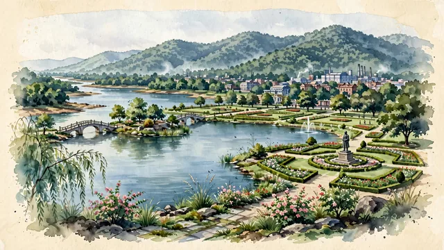 Watercolour of Jamshedpur, India. India's premier "Steel City" nestled between the Subarnarekha and Kharkai rivers and the Dalma Hills, centered around Jubilee Park and Dimna Lake, with Jamsetji Nusserwanji Tata and Jayanti Sarovar.