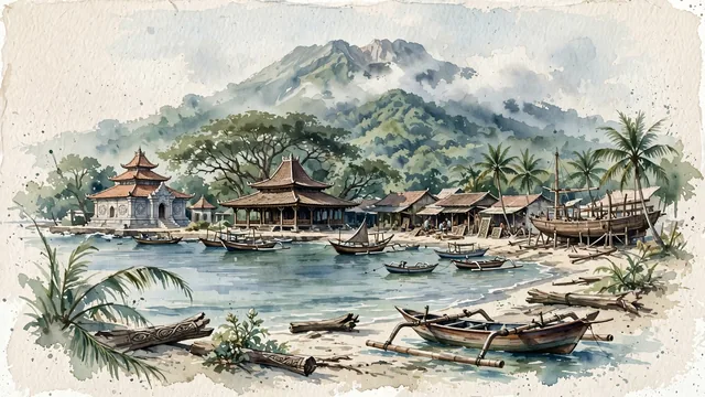 Watercolour of Jepara, Indonesia. On the Java Sea at the foot of Mount Muria, the world-famous "Teak Carving Capital" and historic home of R.A, with Mantingan Mosque and Pendopo Kabupaten Jepara.