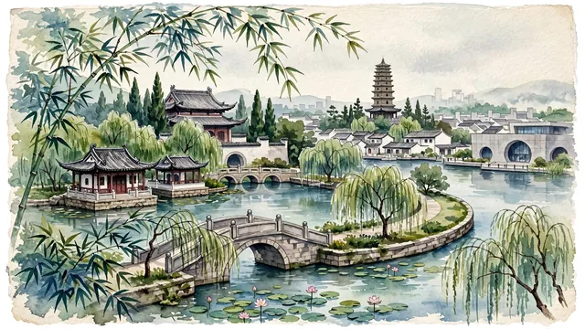 Watercolour of Jiading, China. The 800-year-old historic water town and Confucian scholar city along the Lianqi River, centered around the Guyi Garden and the Jiading Confucius Temple, with Guyi Garden and Jiading Confucius Temple.