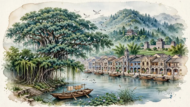 Watercolour of Jiangmen, China. The historic "First Capital of Overseas Chinese" (Wuyi) in the western Pearl River Delta along the Xijiang and Pengjiang rivers, centered around the Birds' Paradise and the historic Qilou arcades of Chikan, with Birds' Paradise and Chikan Ancient Town.
