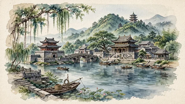 Watercolour of Jieyang, China. The ancient cradle of Chaoshan culture and "Jade Capital of Asian Jade" along the Rongjiang River, centered around the historic Jinshan Bridge, Jinyang Gate, and Jieyang Confucius Temple, with Southern Song Dynasty Jieyang Confucius Temple and Ming Dynasty Jinyang Gate.